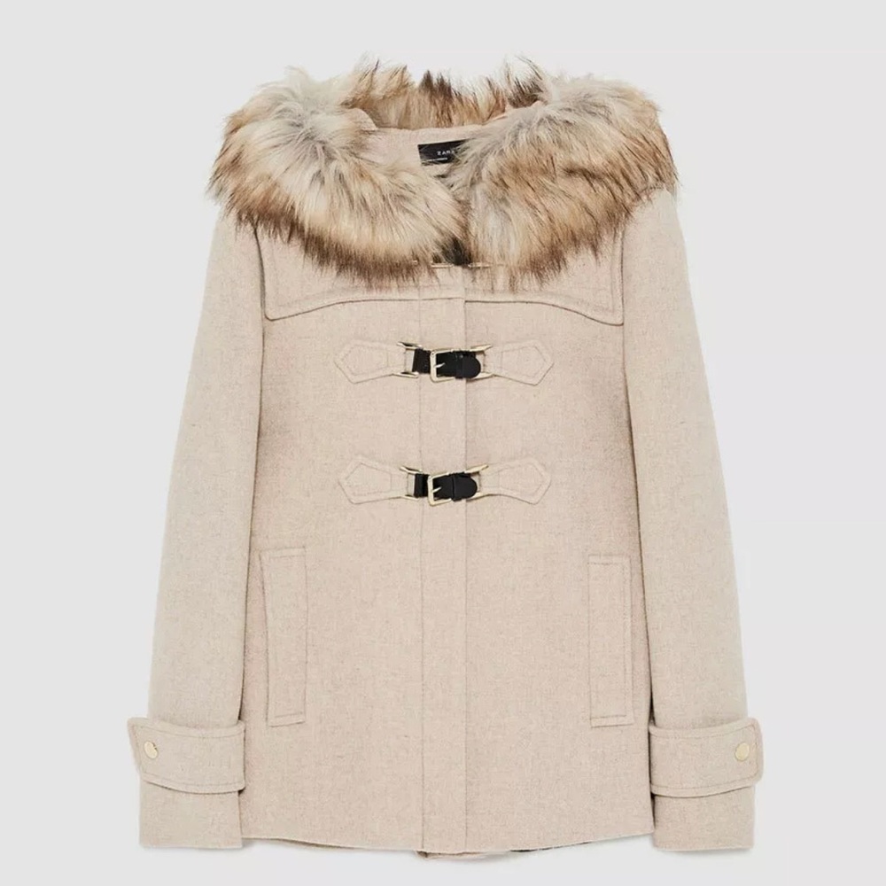 ZARA Wool Faux Fur Hooded Duffle Coat Beige (S)